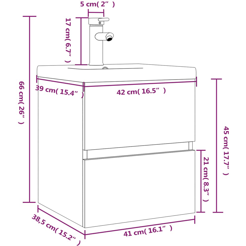 vidaXL Single Drawer Smoked Oak Wooden Wall-Mounted Sink Cabinet with Built-in Basin Image 6