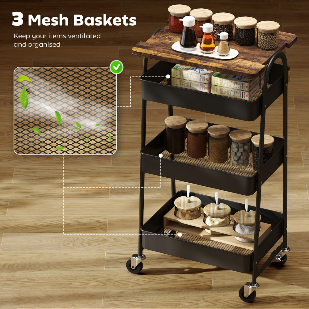 Portland 3 Tier Rustic Brown and Black Rolling Utility Cart with Mesh Baskets Image 8