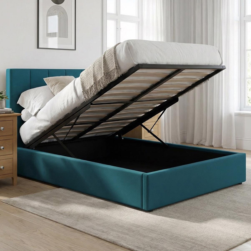 FWStyle Hoscar Small Double Dolphin Blue Upholstered Lift-Up Ottoman Bed Frame with Ribbed Headboard Image 1