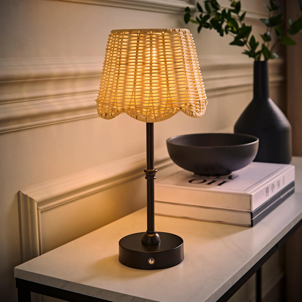 ValueLights Lowe Natural Rattan Taper Shade Matte Black Rechargeable Table Lamp with Bulb Image 2