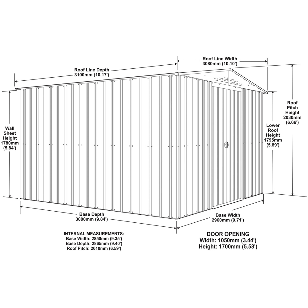 Globel 10 x 10ft 2 Door Green Metal Apex Garden Shed Image 9