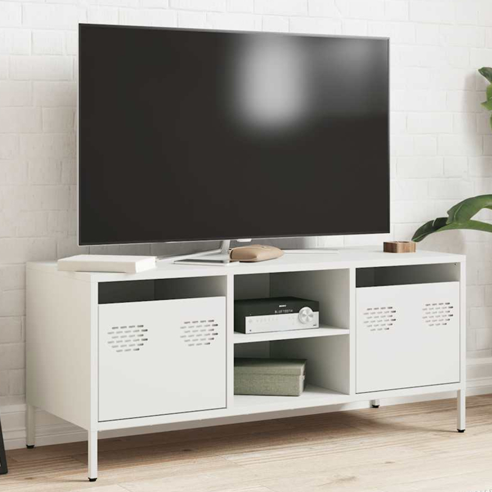 vidaXL 2 Drawer 2 Shelf White Steel Industrial Style TV Cabinet Image 1