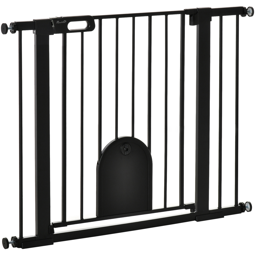 PawHut Black 75-103cm Stair Pressure Fit Pet Safety Gate with Small Cat Flap Image 1