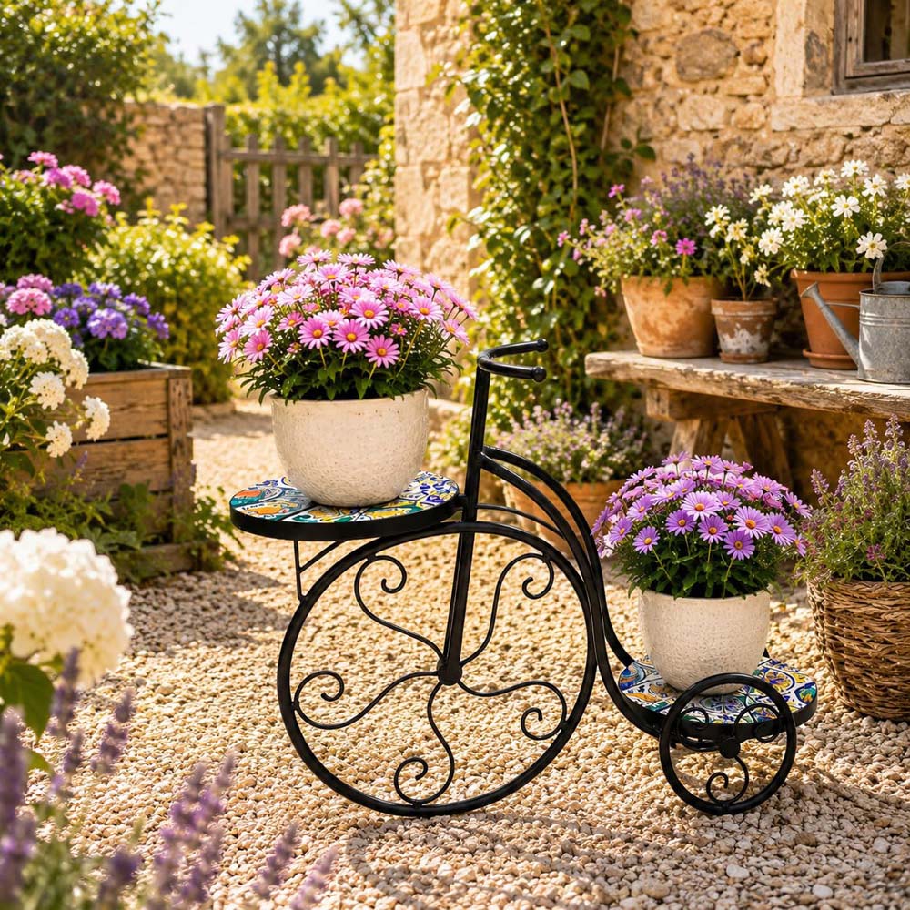 Shatchi Lisbon 2 Shelf Mosaic Tricycle Decorative Metal Plant Stand Image 2