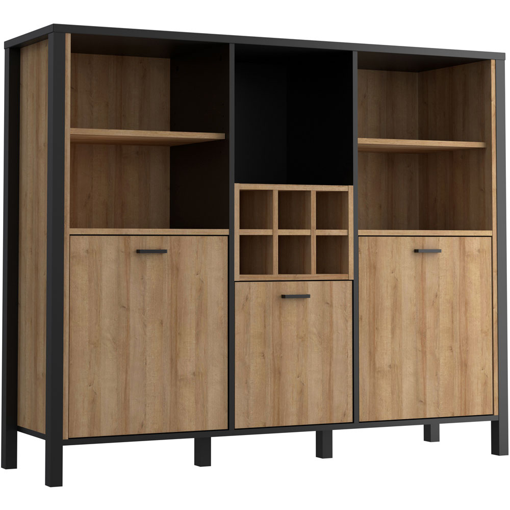 Florence High Rock 3 Door 5 Shelf Matt Black and Riviera Oak Shelf Unit with Wine Rack Image 2