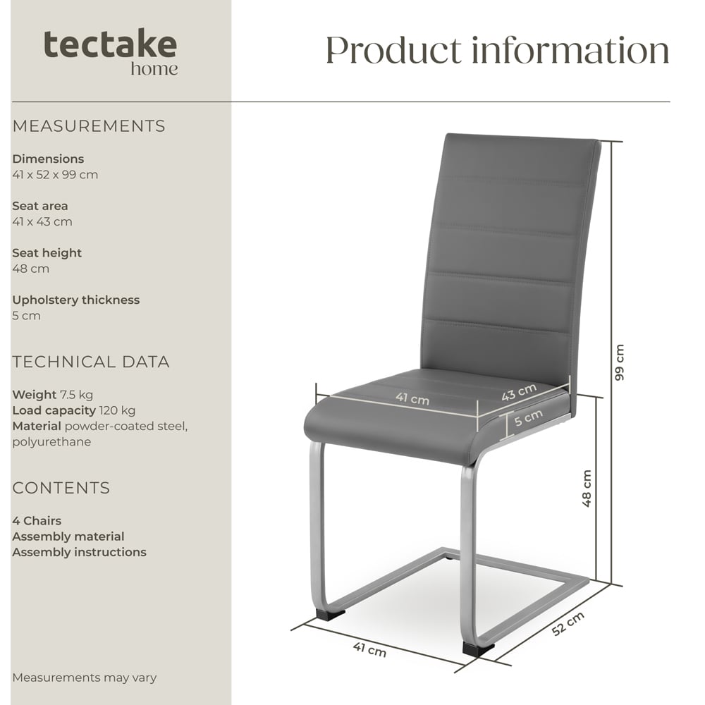 tectake Set of 4 Grey Cantilever High Backrest Dining Chair Image 9