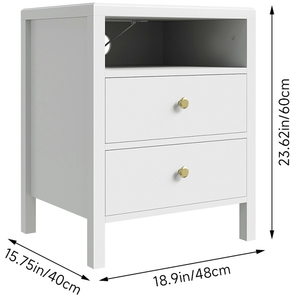 Living and Home 2 Drawer Single Shelf White Modern Bedside Table with Power Strip Set of 2 Image 9