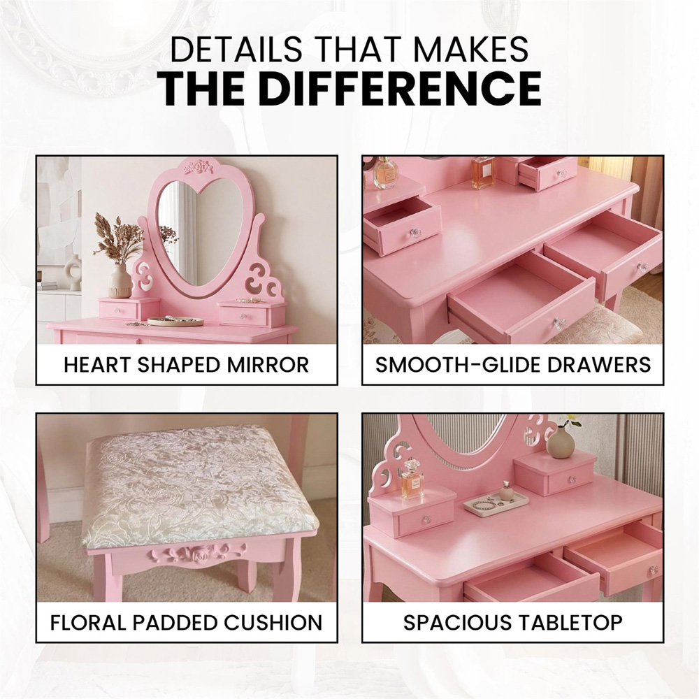 Portland 4 Drawer Pink Dressing Table Set with Mirror Image 8
