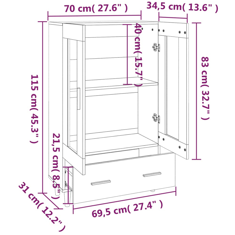 vidaXL 2 Glass Door Single Drawer Sonoma Oak Highboard Image 9