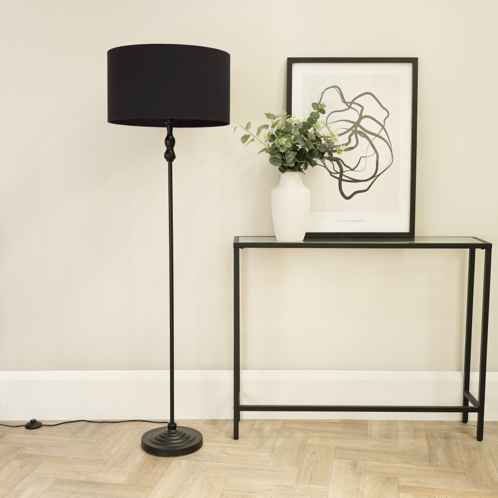 ValueLights Maggie Black Fabric Shade Black Metal Candlestick Floor Lamp Image 3