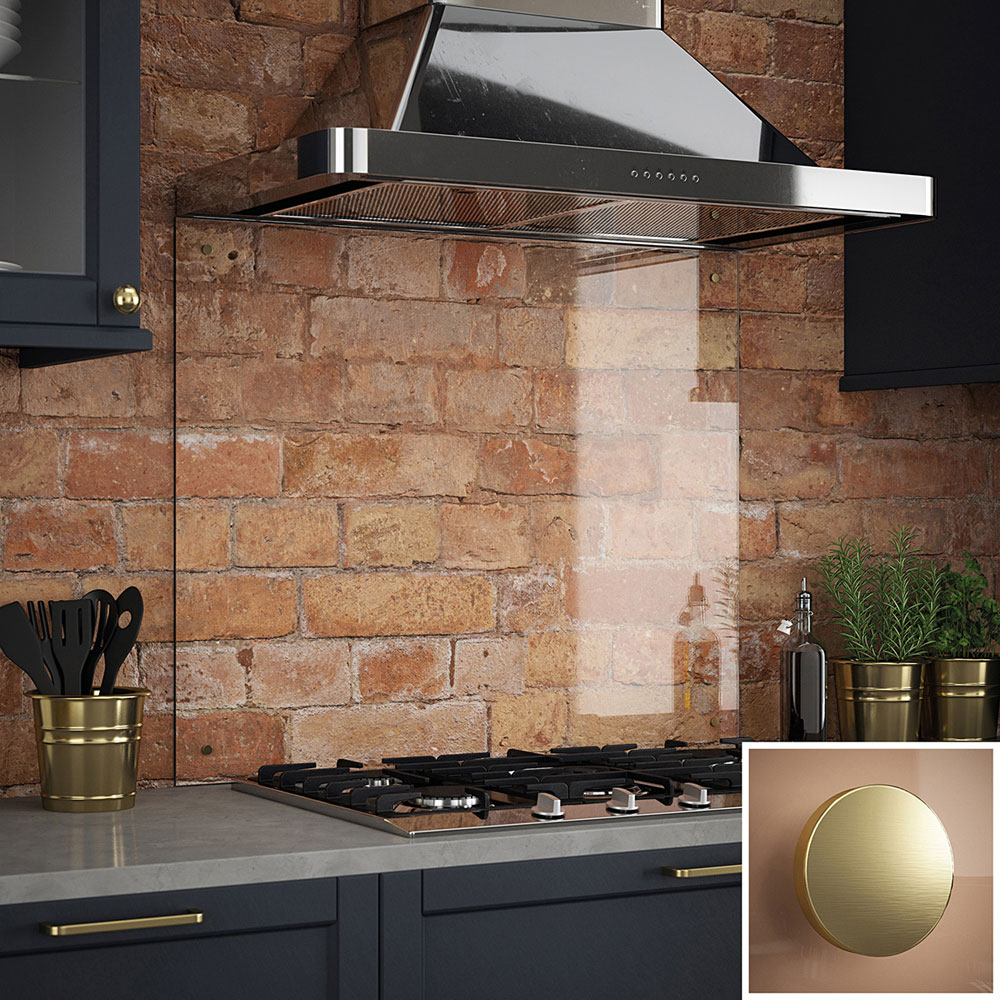 Splashback 0.6cm Thick Clear Kitchen Glass with Brushed Brass Caps 90 x 75cm Image 1