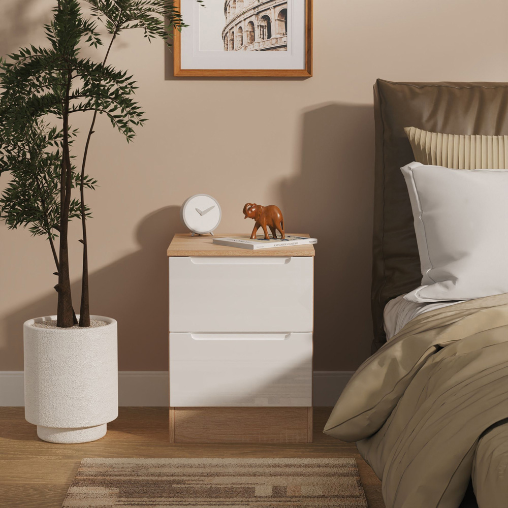 Crowndale Milan 2 Drawer White Gloss and Bardolino Oak Compact Bedside Cabinet Ready Assembled Image 7