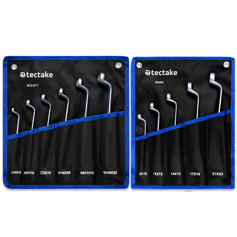 tectake 11 Piece Metric and Imperial Carbon Steel Double Ring Spanner Set with Roll Up Pouches Image 1