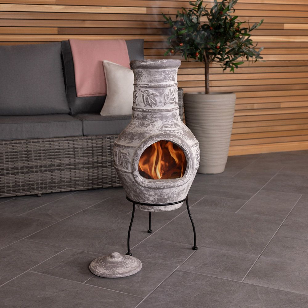 Charles Bentley Snug Acapulco Leaf Motif Grey Clay Chiminea with Lid and Stand Image 7