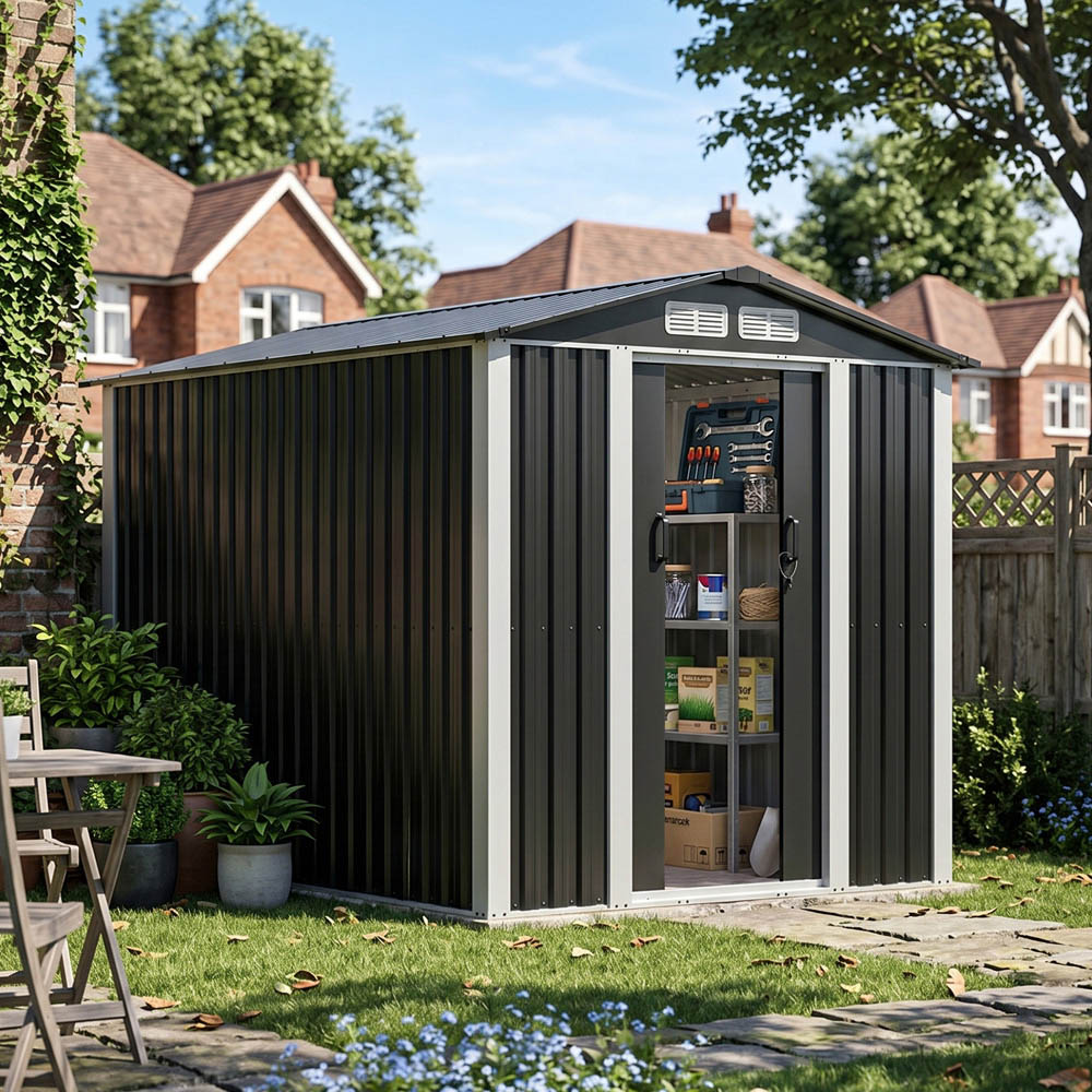 Living and Home 6 x 8ft Black Metal Apex Garden Storage Shed Image 2
