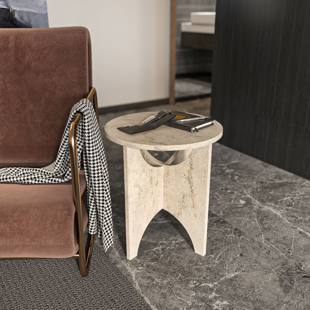 Decorotika Merit Travertine Round Side End Table Image 5