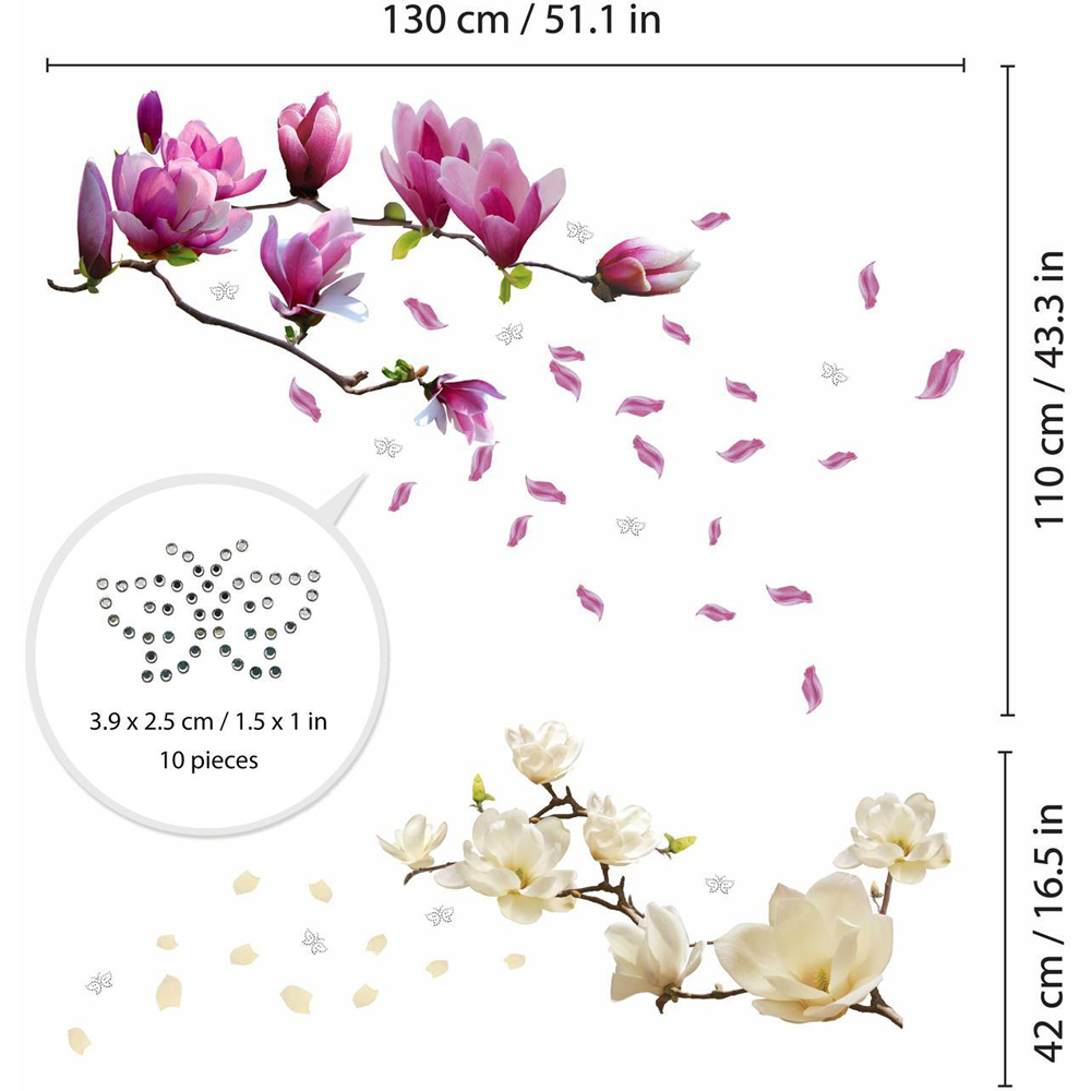 Walplus Flower Theme White and Pink Magnolias Self Adhesive Wall Stickers with Swarovski Butterflies Image 5