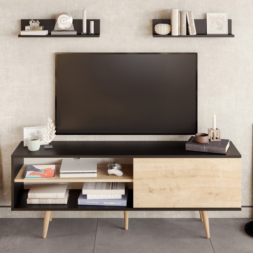 Decorotika Pi Single Door Black and Oak TV Unit Image 1