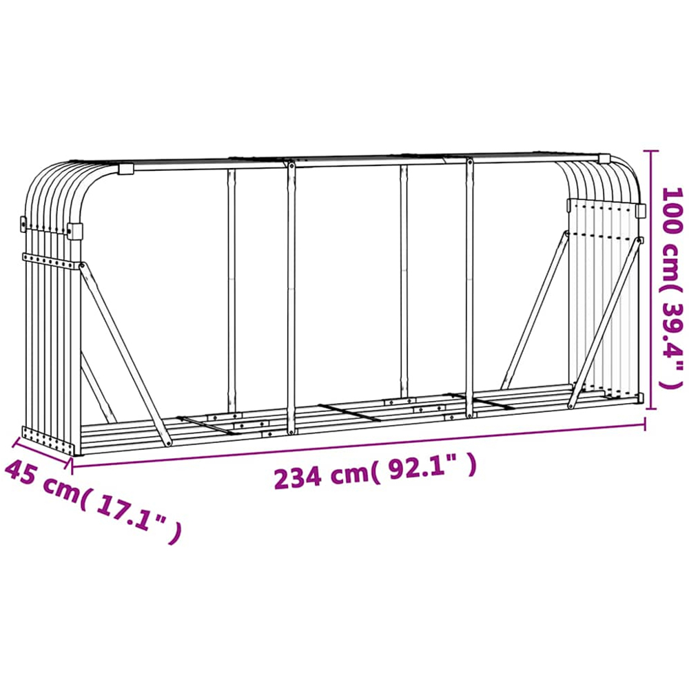 vidaXL Silver Galvanised Steel Firewood Log Holder 100 x 234 x 45cm Image 7