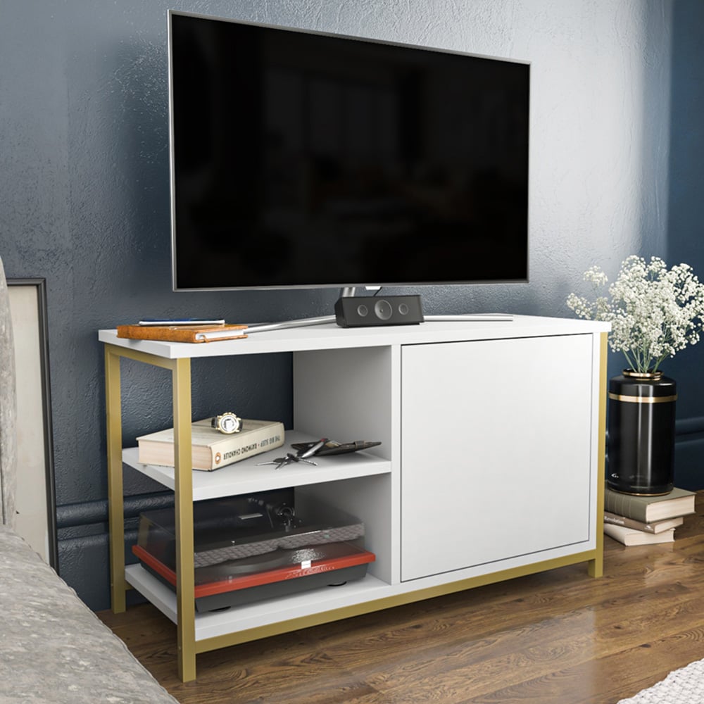 Decorotika Muskegon Single Door and 2 Open Shelf Gold and White TV Unit Image 6