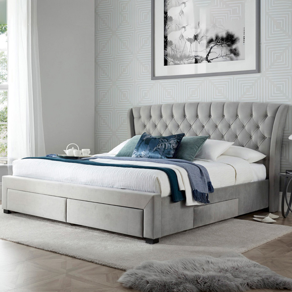 Newton King Size Grey Velvet 4 Drawer Storage Bed Frame Image 1