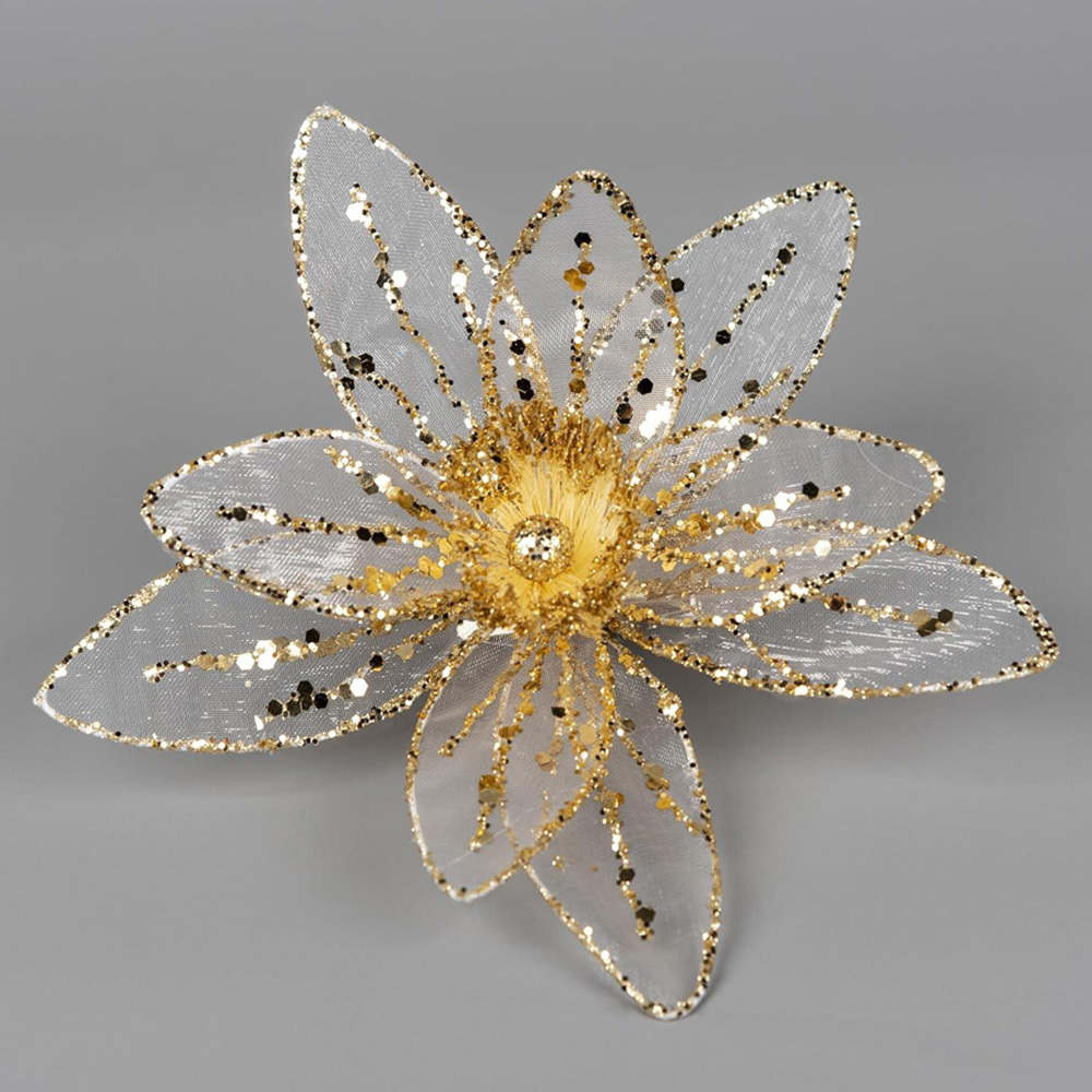 Shatchi Deluxe White and Gold Net Artificial Poinsettia Flower Ornament 6 Pack Image 2