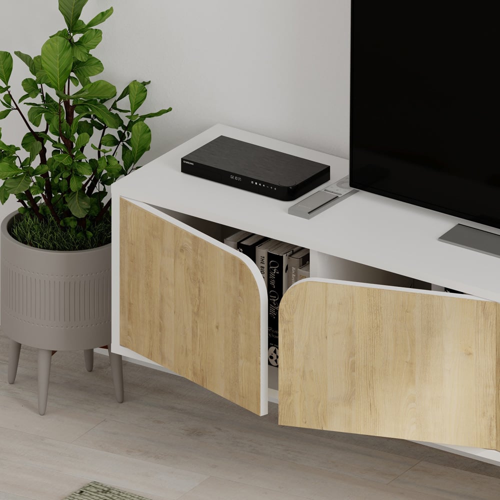 Decortie Spark 4 Door White Oak Modern TV Unit Image 3