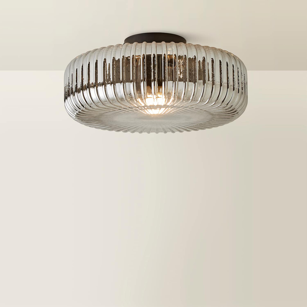 ValueLights Calpe Ribbed Smoked Shade Large Matte Black Flush Ceiling Light with Bulb Image 5