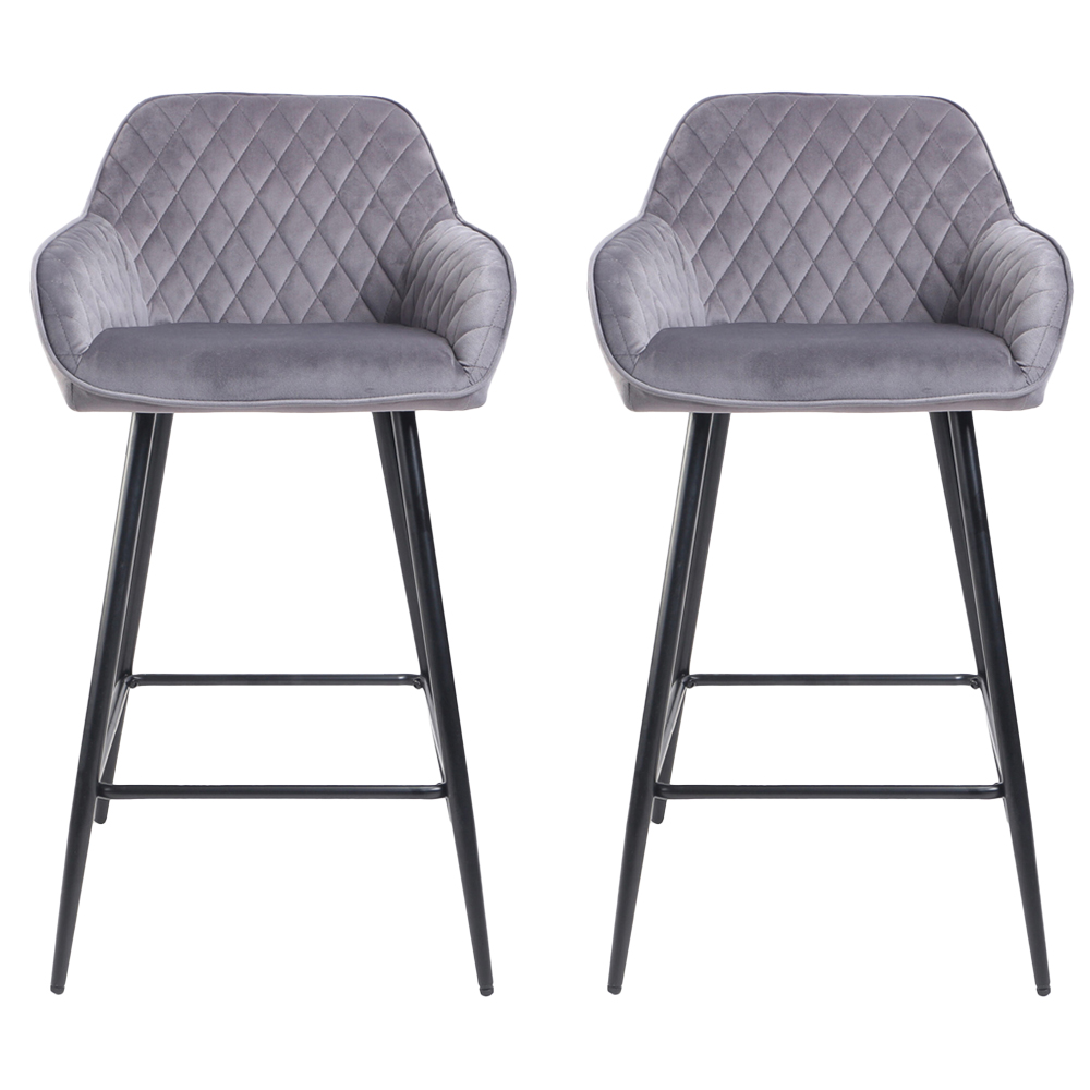Neo Dark Grey Crushed Velvet Diamond Quilted Bar Stool Set of 2 Image 2