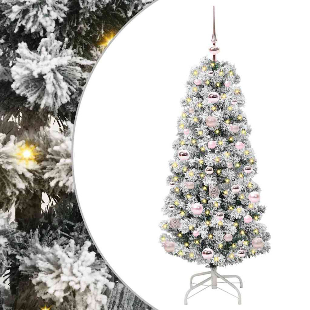 vidaXL Pre-Lit Warm White LED and Pink Baubles Snow Flocked Artificial Christmas Tree 4ft Image 2