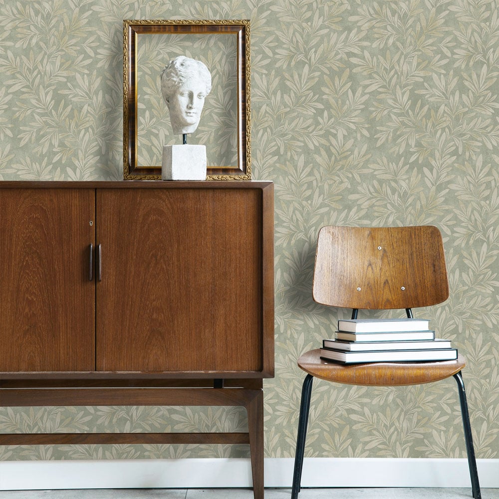 Grandeco Distressed Leaf Willow Trail Textured Sage Wallpaper Image 2