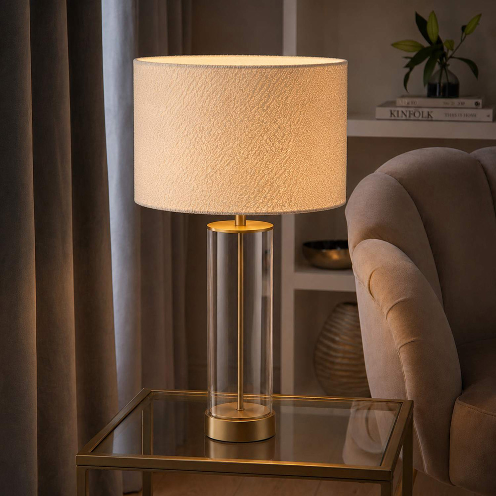 ValueLights Balan Cream Boucle Fabric Shade Gold Trim Glass Table Lamp with Bulb Image 2