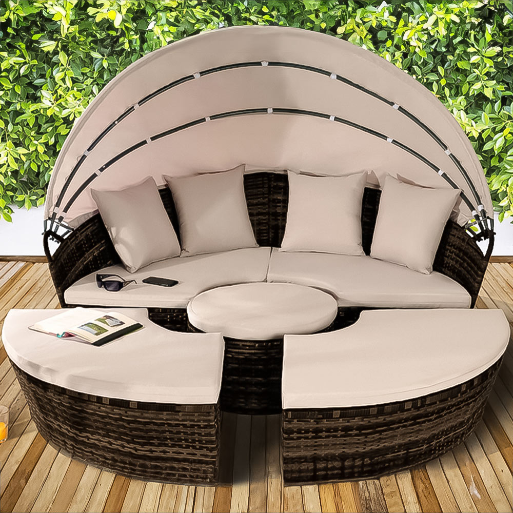 Brooklyn Luxury 8 Seater Brown Rattan Sun Lounger Sofa Set with Canopy and Cover 180cm Image 1
