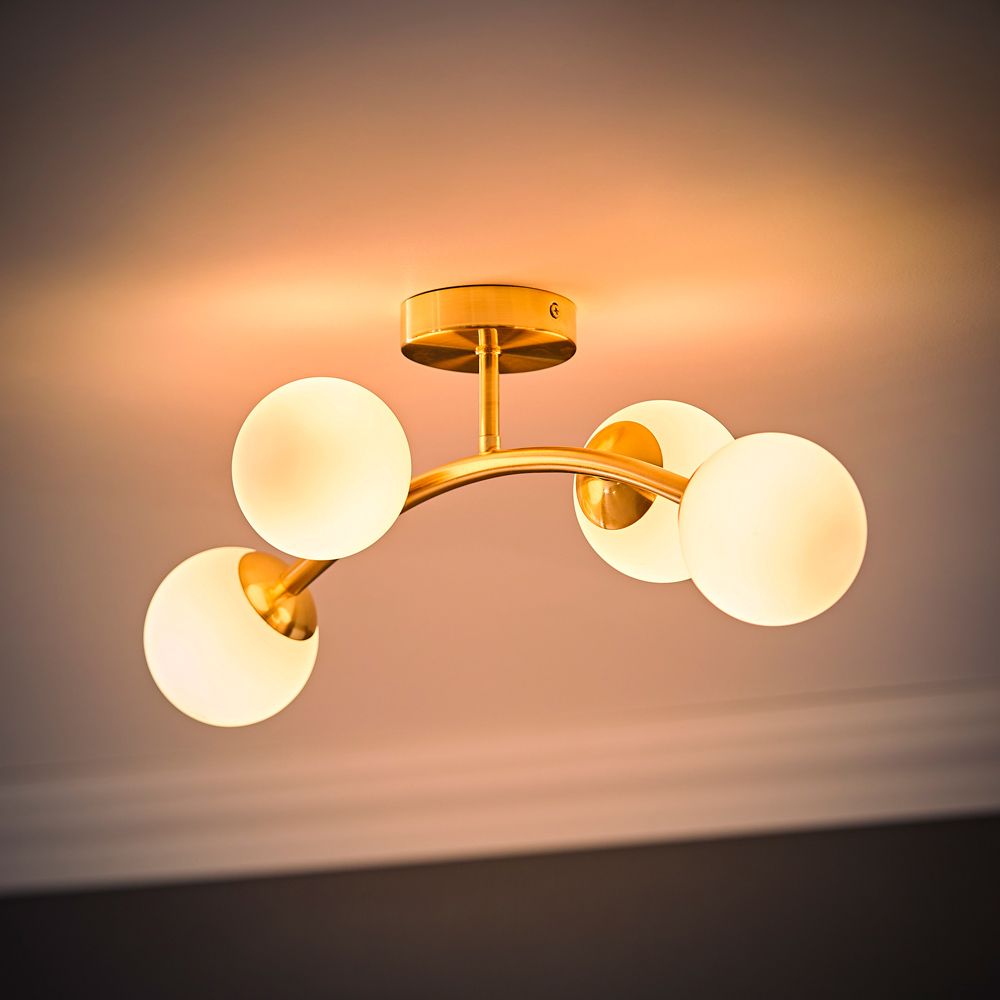 ValueLights Jas Gold 4 Way Opal White Frosted Glass Globe Shade LED Ceiling Light Image 2