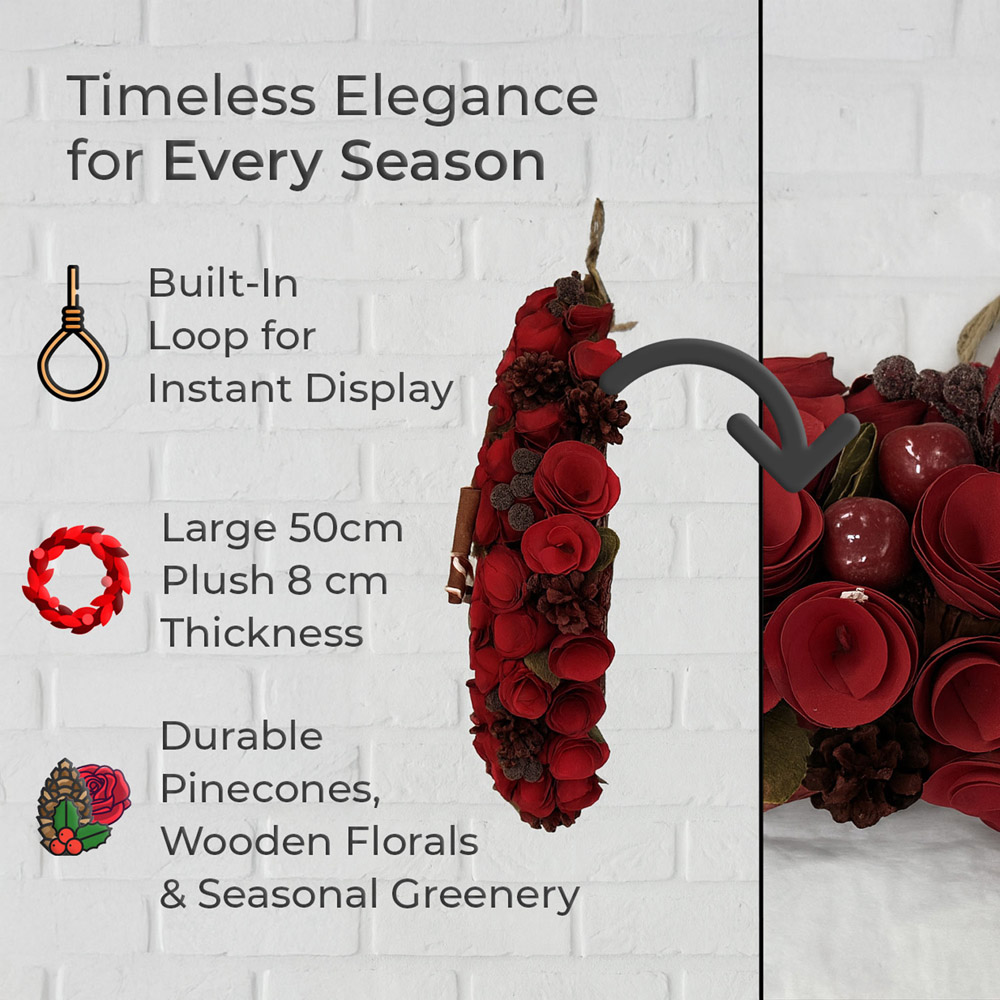 Neo Luxury XL Red Rose Christmas Door Wreath 50cm Image 8