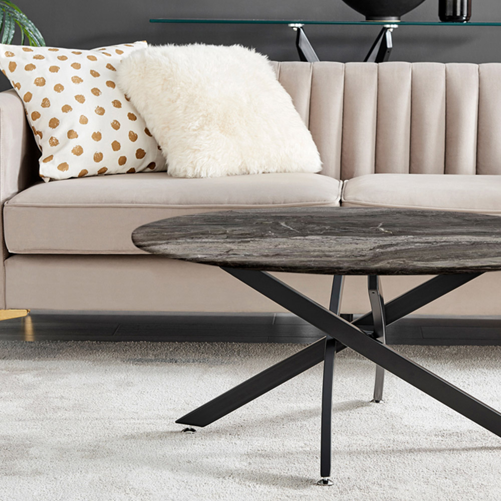 Furniturebox Arona Round Marble Effect Glass Coffee Table with Black Legs Image 4