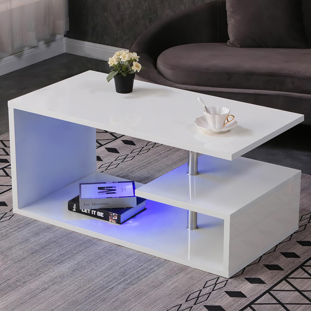 Comfy Living White High Gloss Abstract LED Coffee Table Image 1