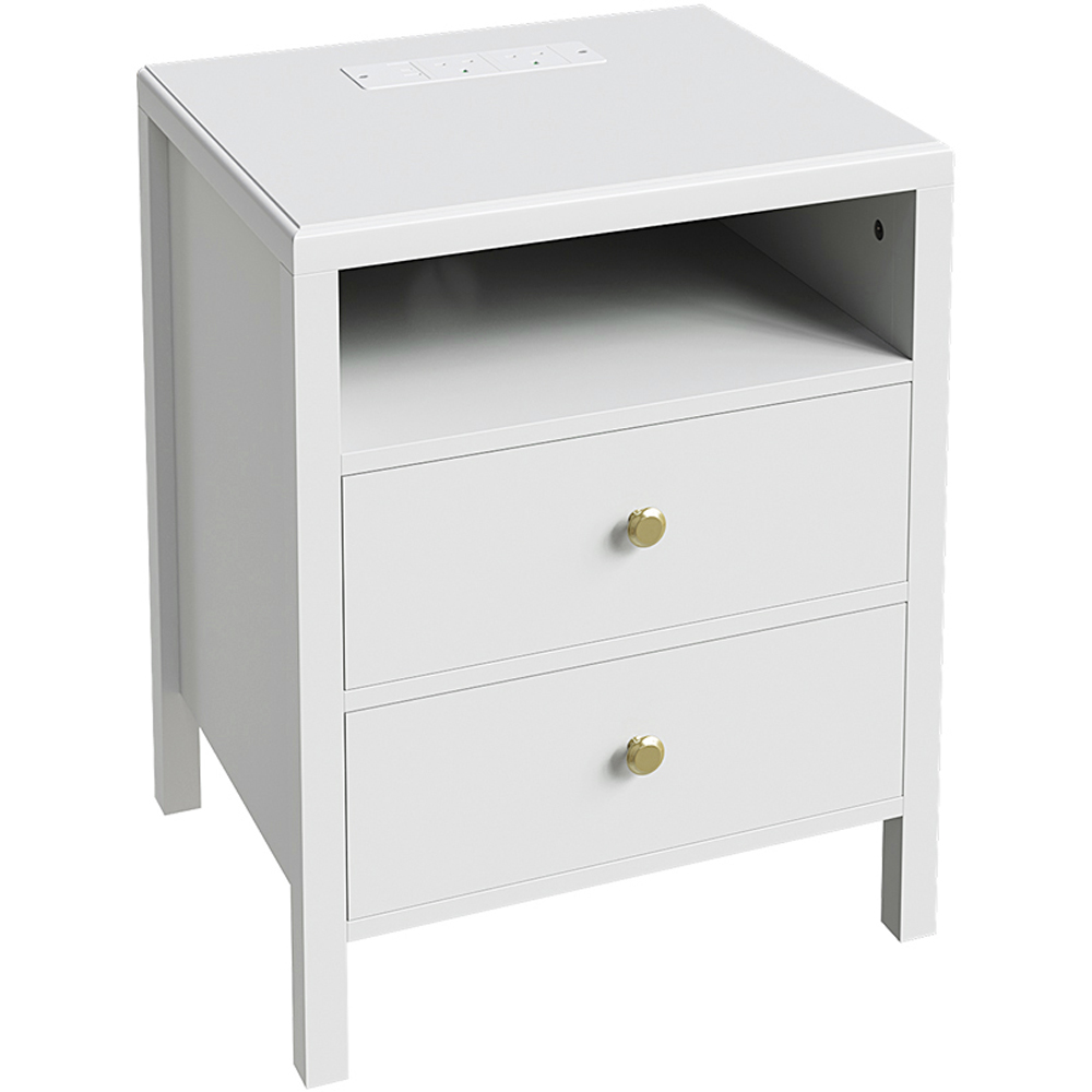 Living and Home 2 Drawer Single Shelf White Modern Bedside Table with Power Strip Set of 2 Image 2