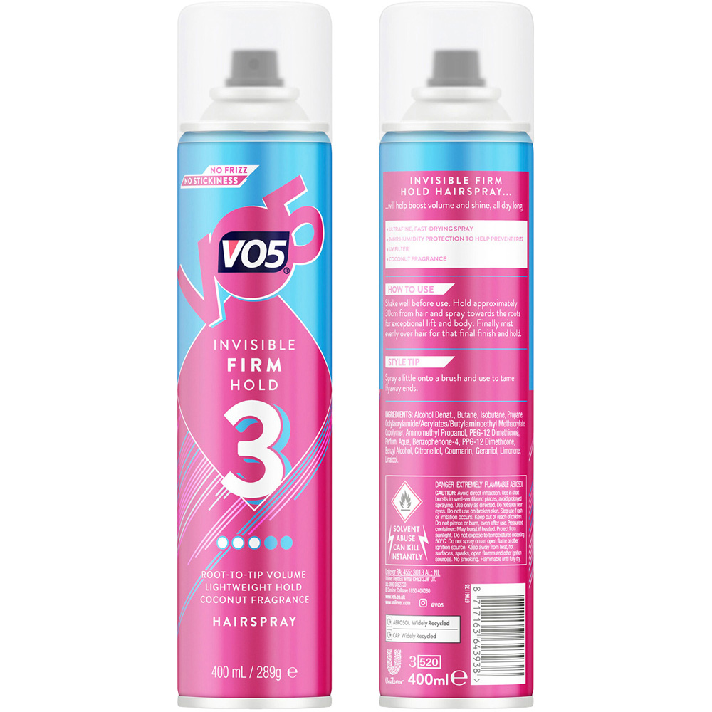 VO5 Firm Hold Anti-Frizz 24H Humidity Protection Hair Spray Mist 400ml 3 Pack Image 4