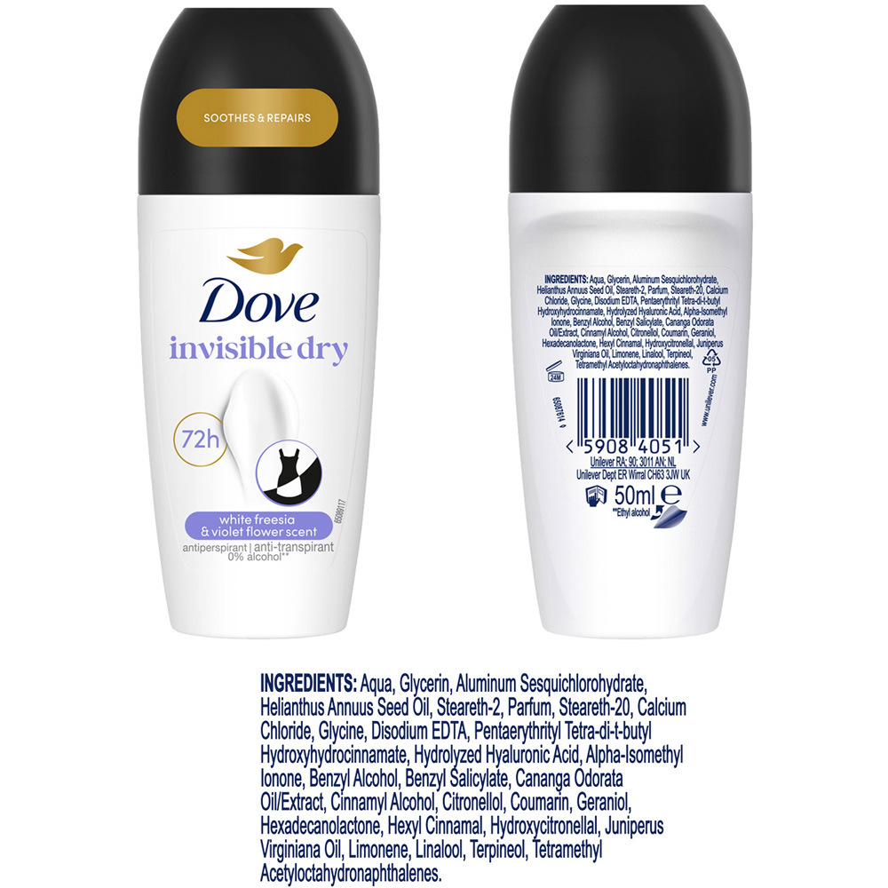 Dove Antiperspirant Advanced Care Invisible Dry 48H Roll On Deodorant 50ml 6 Pack Image 7