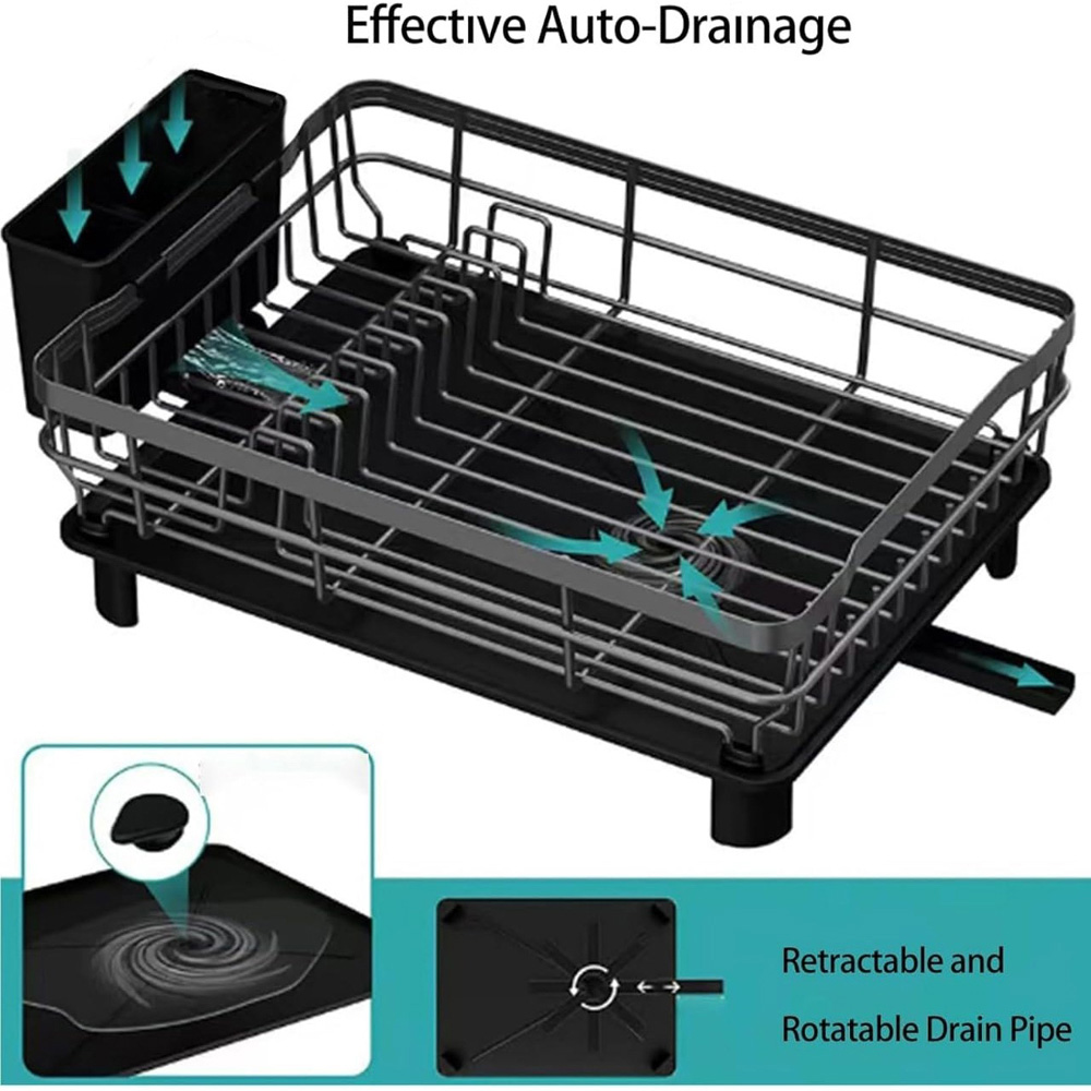 ATEK 2-Tier Black Dish Drying Rack with Drain Tray Image 5