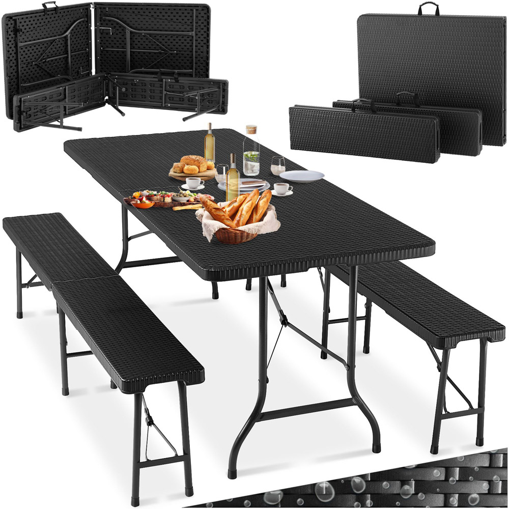 tectake 4 Seater Black Rattan Camping Table and Bench Set Image 2