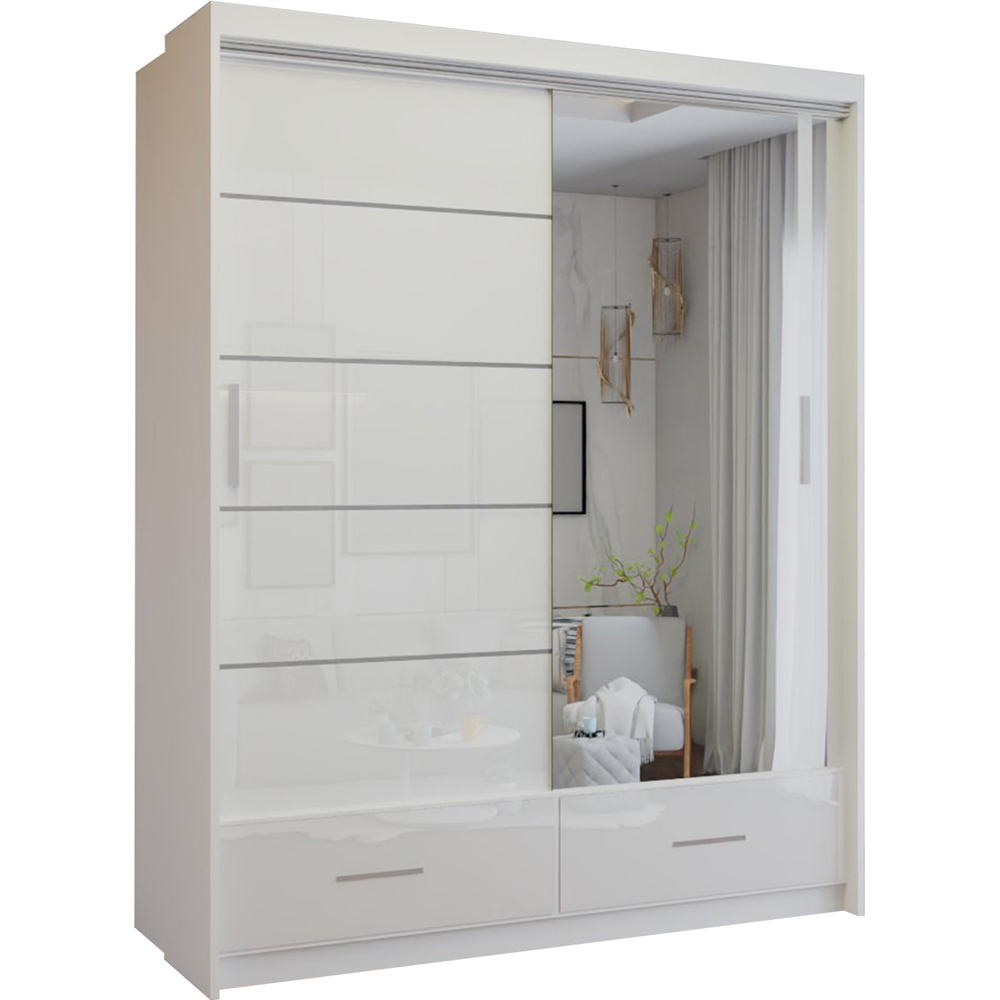M N Furniture Seliyaa 2 Door 2 Drawer White High Gloss Sliding Door Wardrobe 150cm Image 2