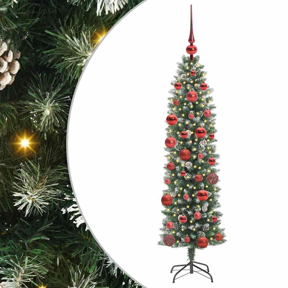 vidaXL Pre-Lit Warm White LED and Red Baubles Green Slim Artificial Christmas Tree 5ft Image 7