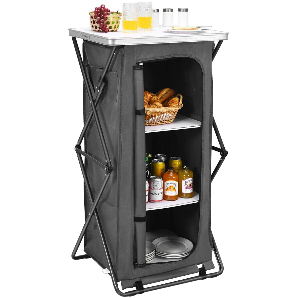 Costway 3 Shelf L Size Grey Foldable Camping Storage Cabinet with Carry Bag Image 1