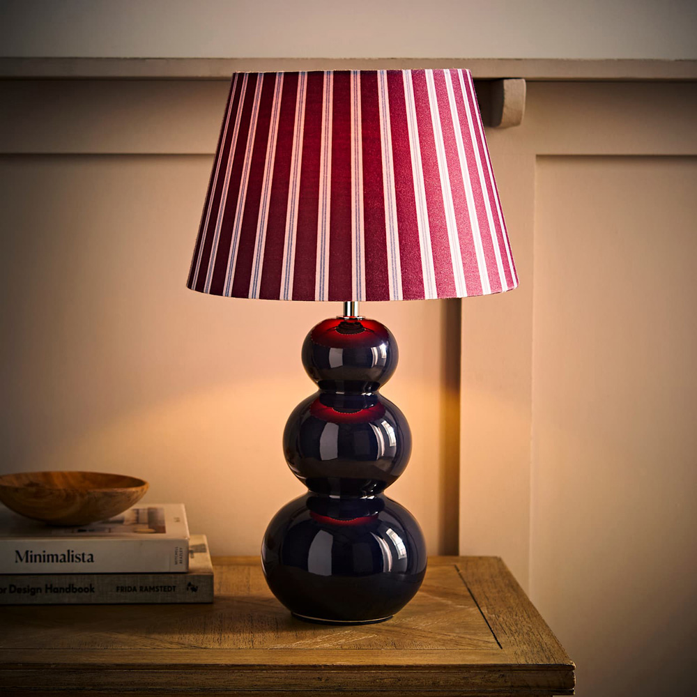 ValueLights Edie Stripe Shade Navy Bobble Ceramic Table Lamp with Bulb Image 2