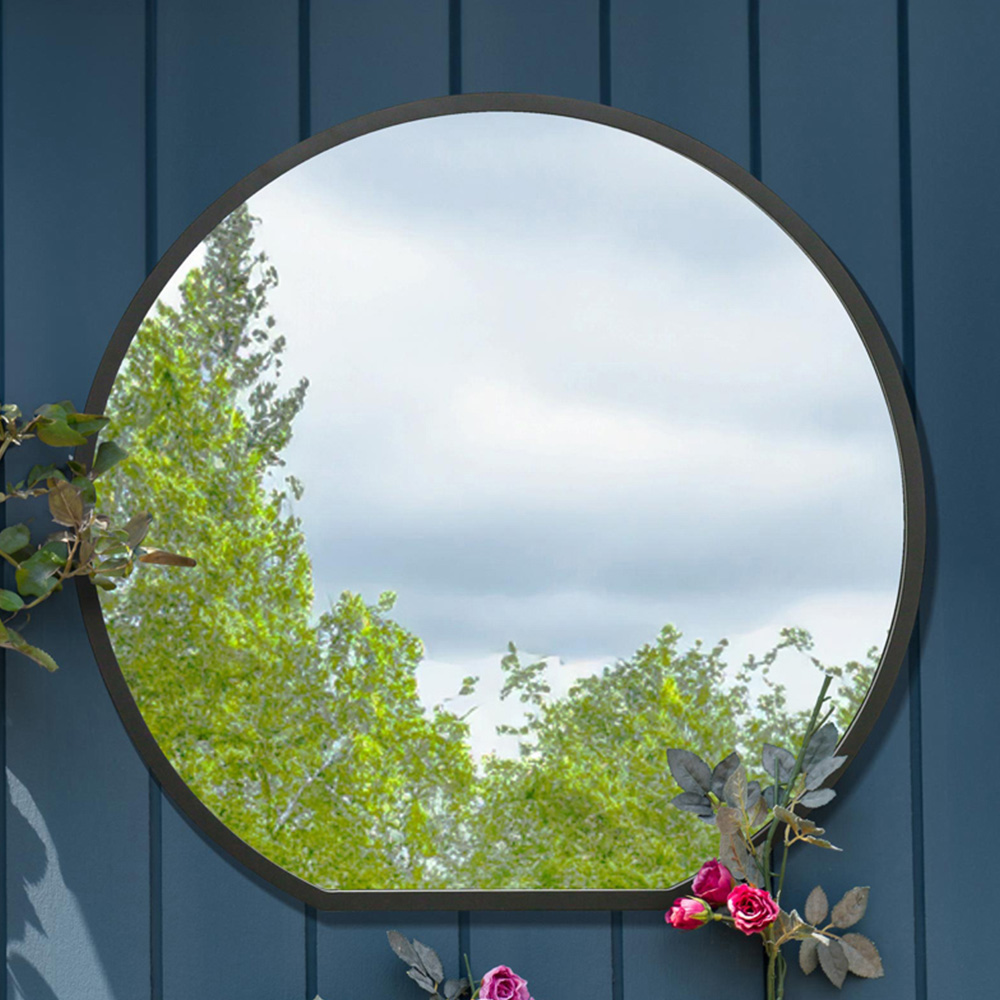 MirrorOutlet The Circulus Black Flat Bottom Circular Outdoor Garden Wall Mirror 84 x 80cm Image 2