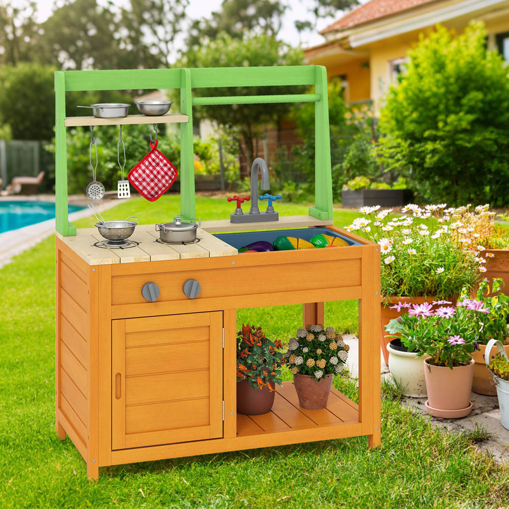 Costway Kids Orange Outdoor Kitchen Play Set with Realistic Stoves and Cookware Accessories Image 2