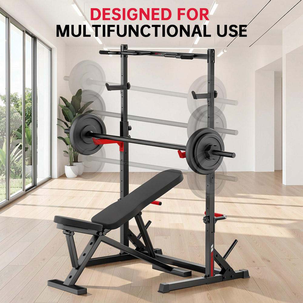 Rattrix Black Adjustable Squat Rack Power Rack with Pull Up Bar and Spotter Arms Image 7