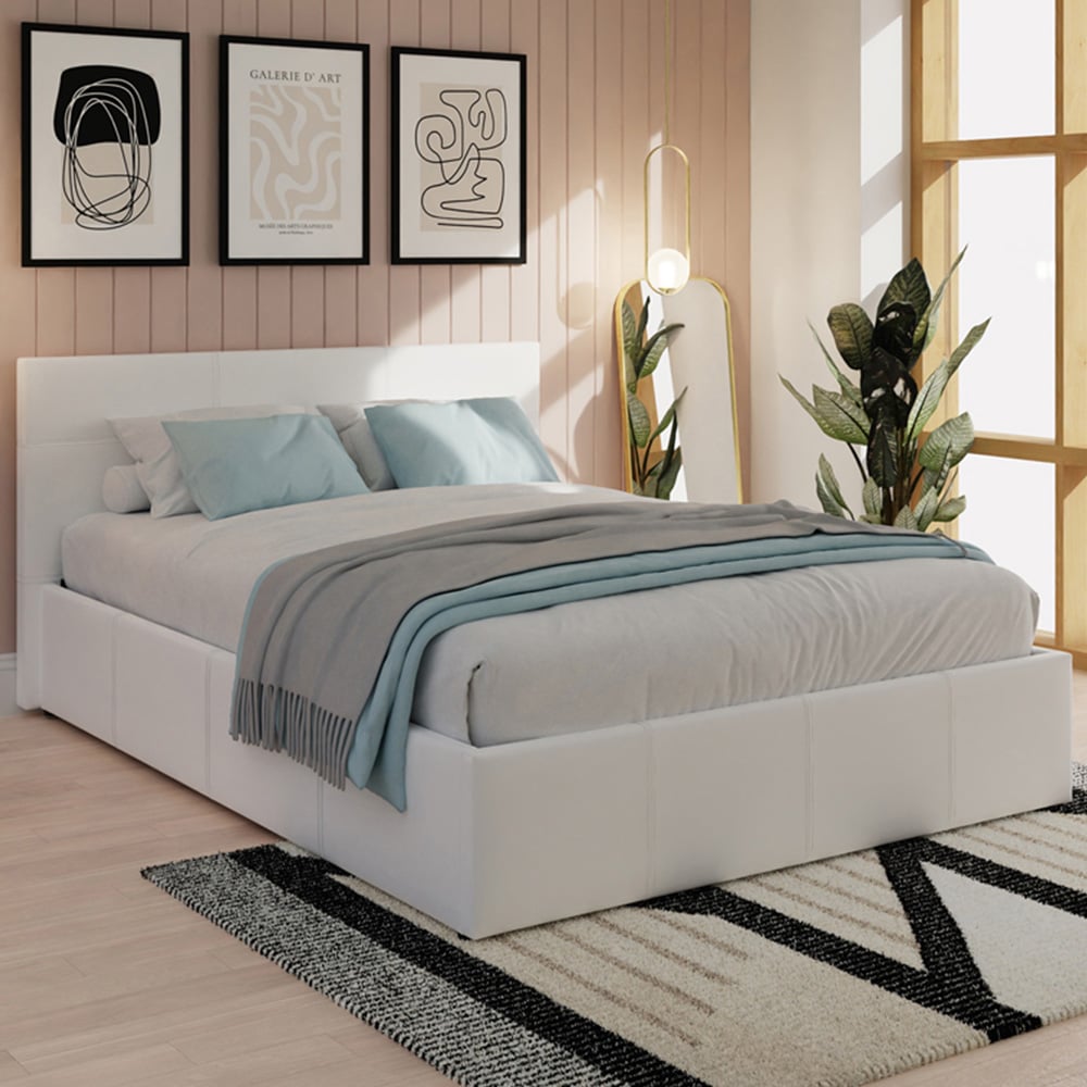 GFW Double White Faux Leather Side Lift Ottoman Bed with Bonnell Mattress Image 1